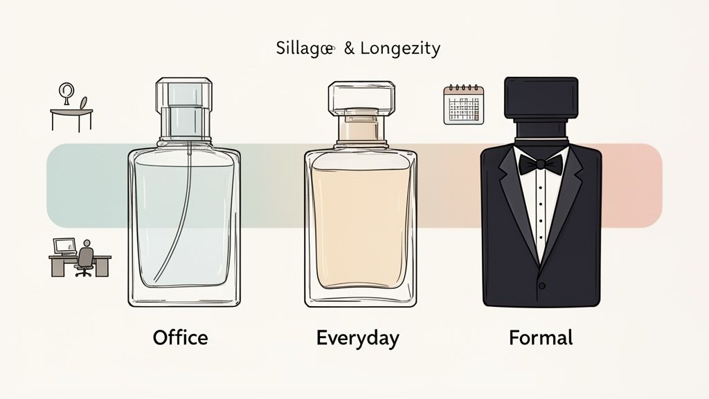 Three perfume bottles illustrating sillage and longevity for office, everyday, and formal occasions.