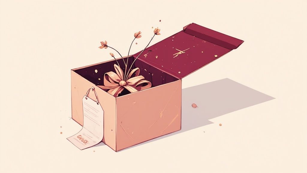 An open, light pink gift box containing a decorative bow and delicate flowers, with a tag attached.