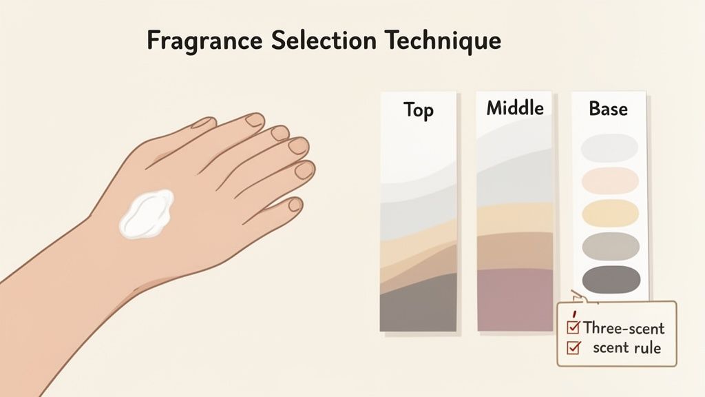 Diagram showing fragrance selection technique with a hand applying cream and columns for top, middle, base notes, and the three-scent rule.