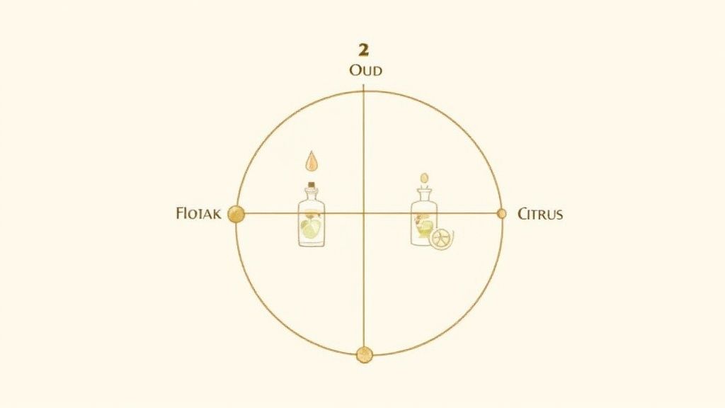 A scent wheel diagram with fragrance categories: Oud, Floral, and Citrus, featuring two perfume bottles.