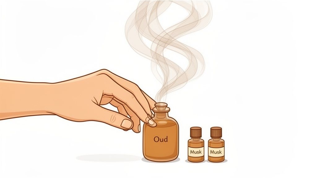 A hand holds a bottle of Oud oil, with smoke rising, next to two Musk oil bottles.