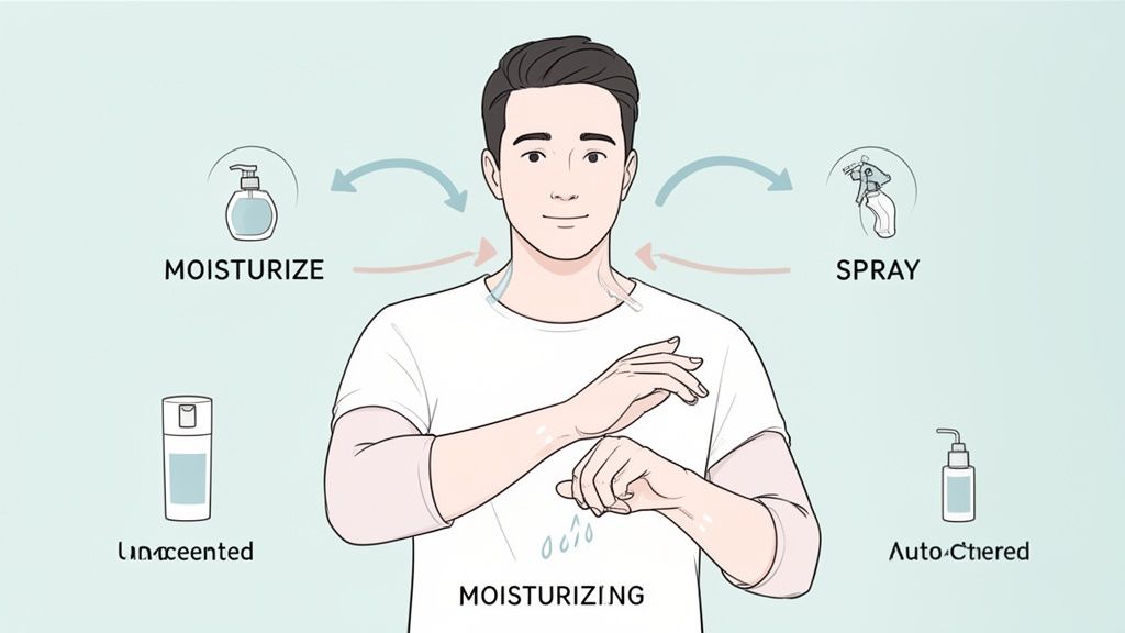 A man demonstrates a skincare routine, applying moisturizer to his arms, with icons for spray and pump bottles.