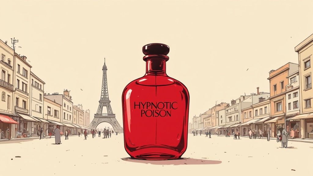 A bottle of Hypnotic Poison by Christian Dior surrounded by key ingredients like almonds and vanilla pods
