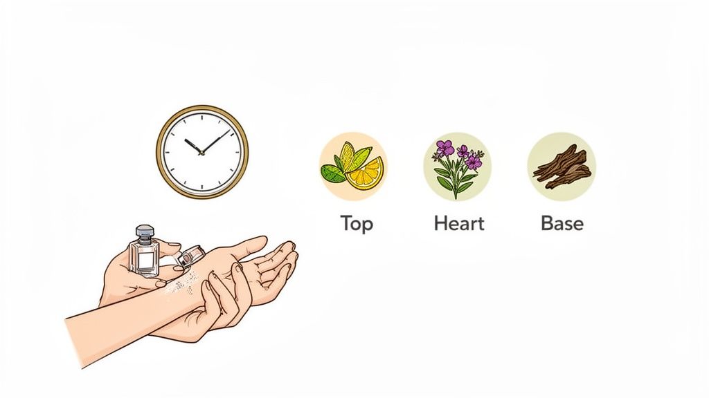 Illustration of perfume application, showing how top, heart, and base notes evolve over time.