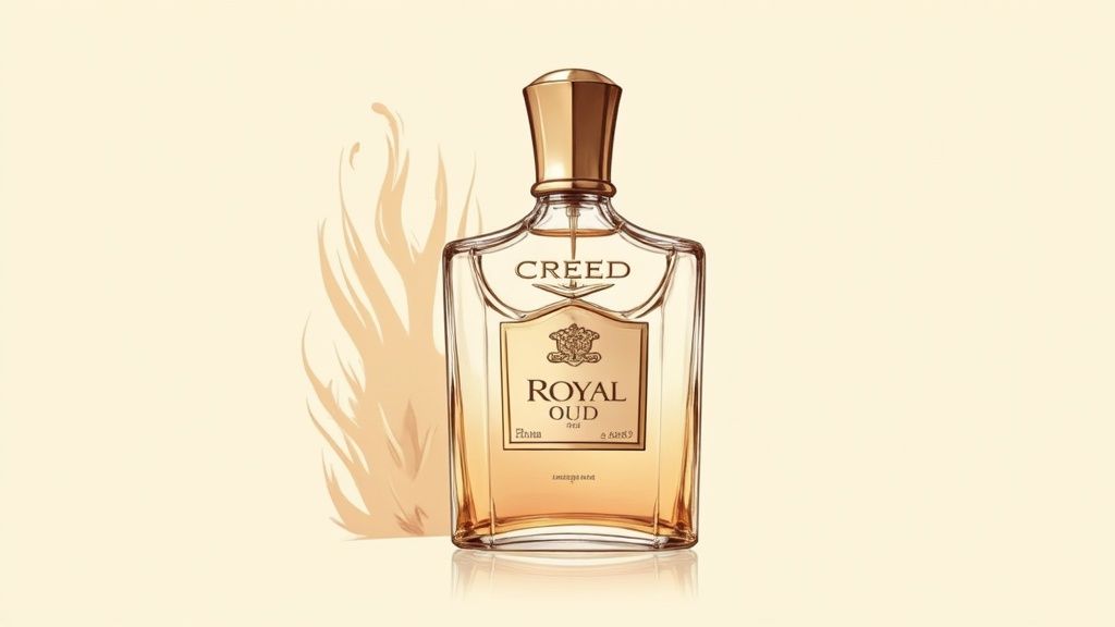 A bottle of Creed Royal Oud sitting elegantly on a wooden surface, suggesting luxury and sophistication.