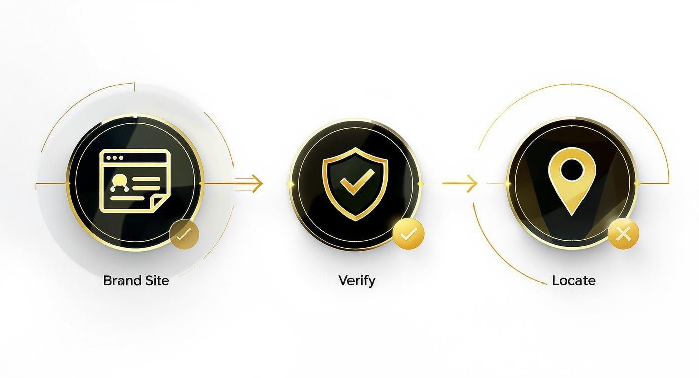 A three-step process diagram: Brand Site (success), Verify (success), and Locate (failure).