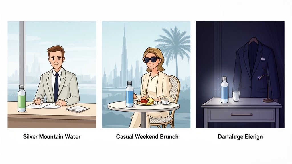 Three illustrations featuring a water bottle: with a businessman, a woman at brunch, and next to a suit.