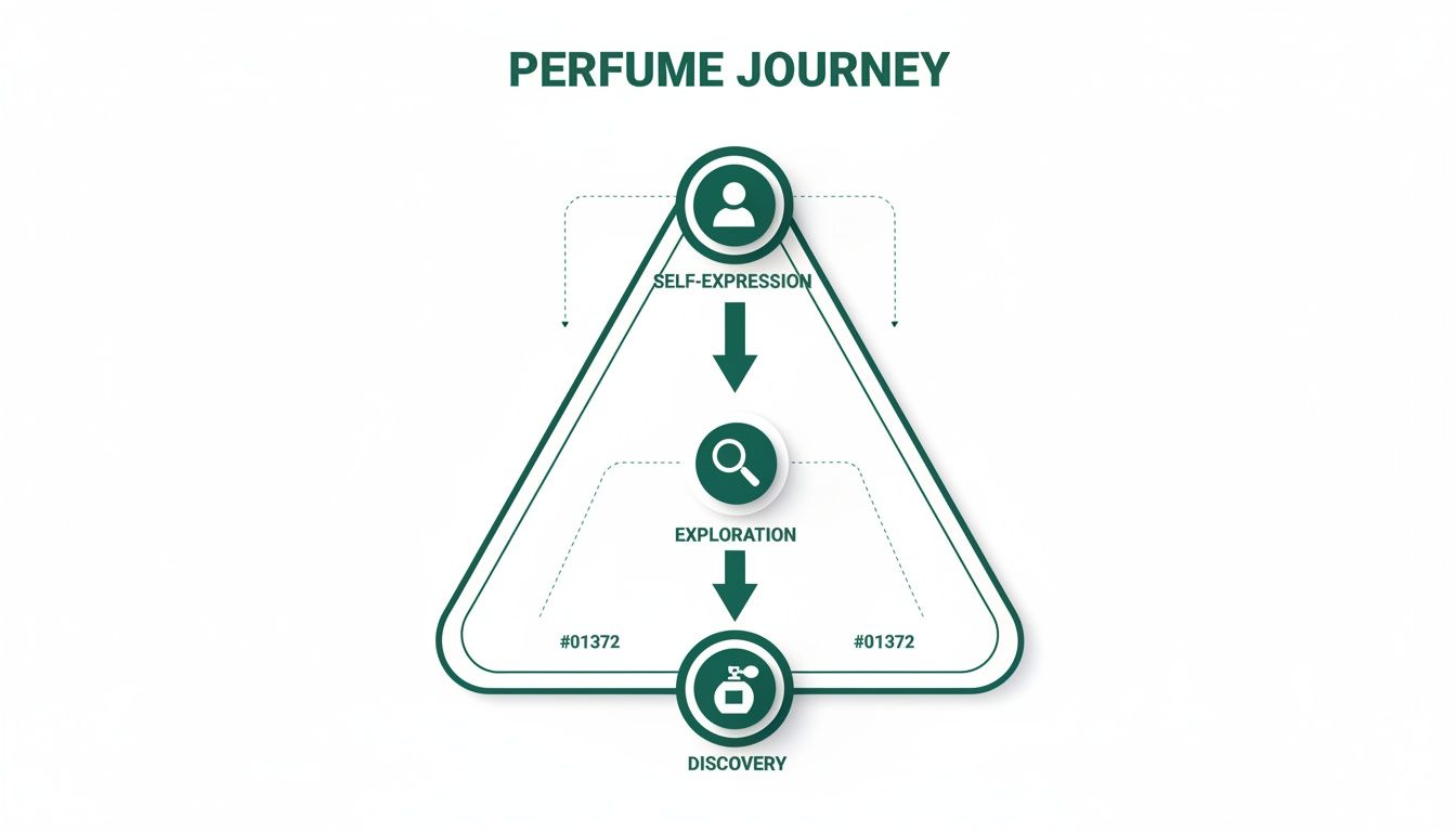 Infographic illustrating the perfume journey: Self-Expression, Exploration, and Discovery, within a green triangular diagram.