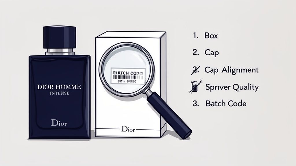 An illustration of Dior Homme Intense perfume, its box with a magnified batch code, and a list of authenticity checks.
