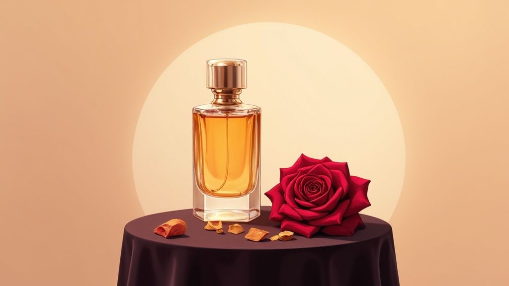 A luxurious bottle of oud and rose perfume surrounded by fresh rose petals and oud wood chips.