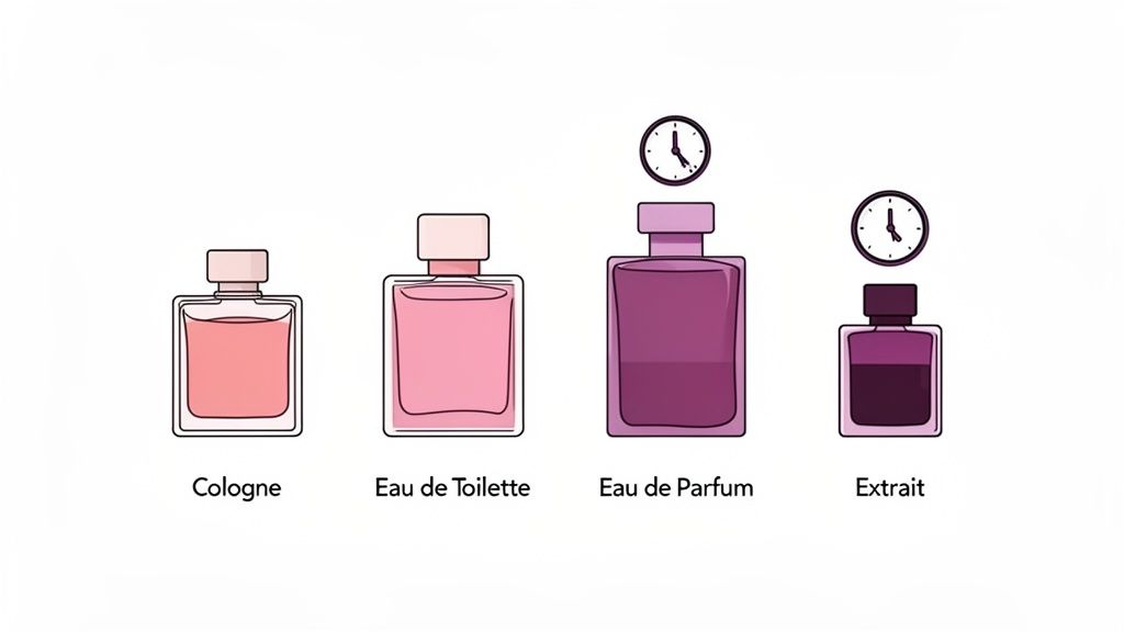 Infographic illustrating four types of fragrances: Cologne, Eau de Toilette, Eau de Parfum, and Extrait, with varying concentrations and suggested longevity.