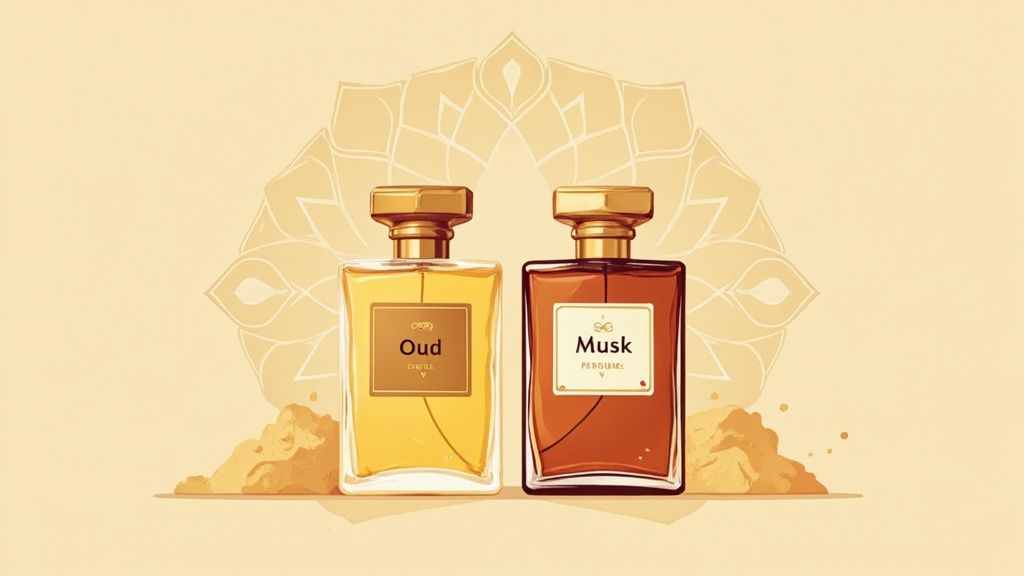 A luxurious display of oud wood chips and perfume bottles, representing the world of oud and musk fragrances.