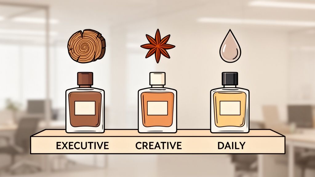 Three perfume bottles for men, categorized as Executive (woody), Creative (star anise), and Daily (fresh).
