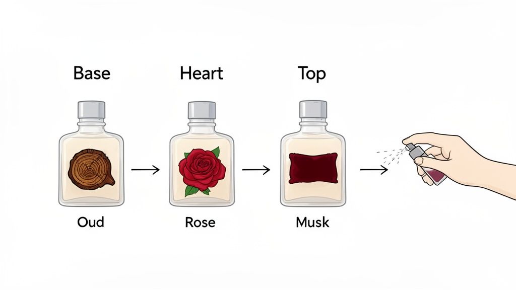 Illustrative diagram showing oud, rose, and musk notes combined to create a perfume.