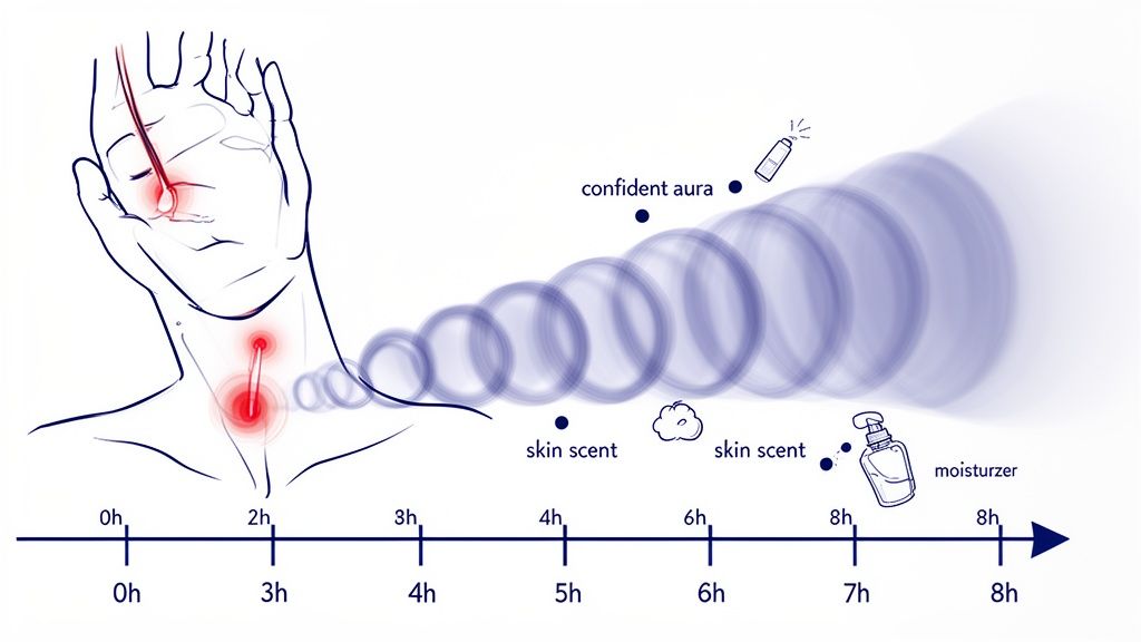 Diagram illustrating the progression of a confident aura and skin scent over an 8-hour timeline.