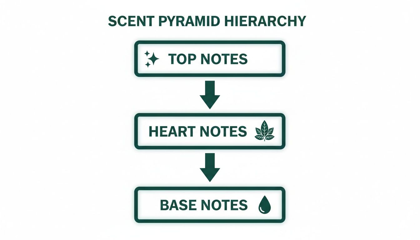 A diagram illustrating the scent pyramid hierarchy: top, heart, and base notes of a fragrance.