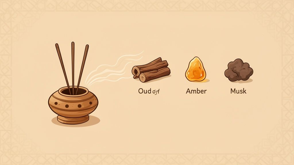 An incense burner with three sticks and smoke, next to oud wood, amber resin, and musk.