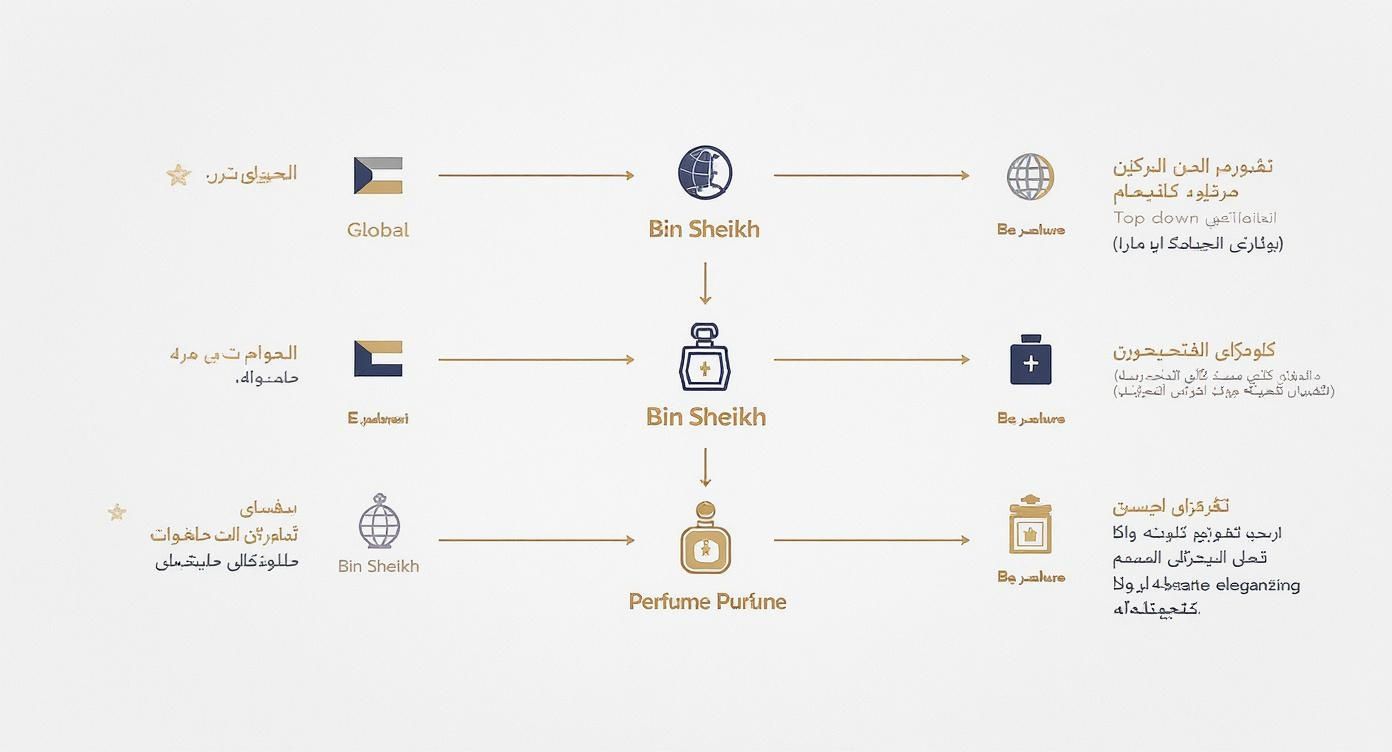 Flowchart showing Bin Sheikh perfume distribution process from global sourcing to direct customer delivery