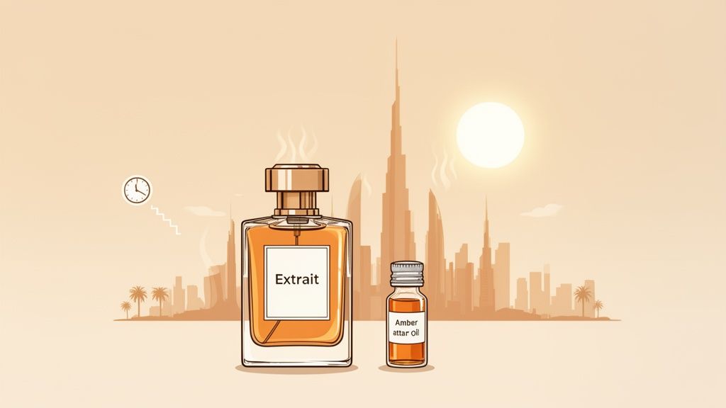 Two perfume bottles, Extrait and Amber Attar oil, against a Dubai cityscape with sun and a clock.