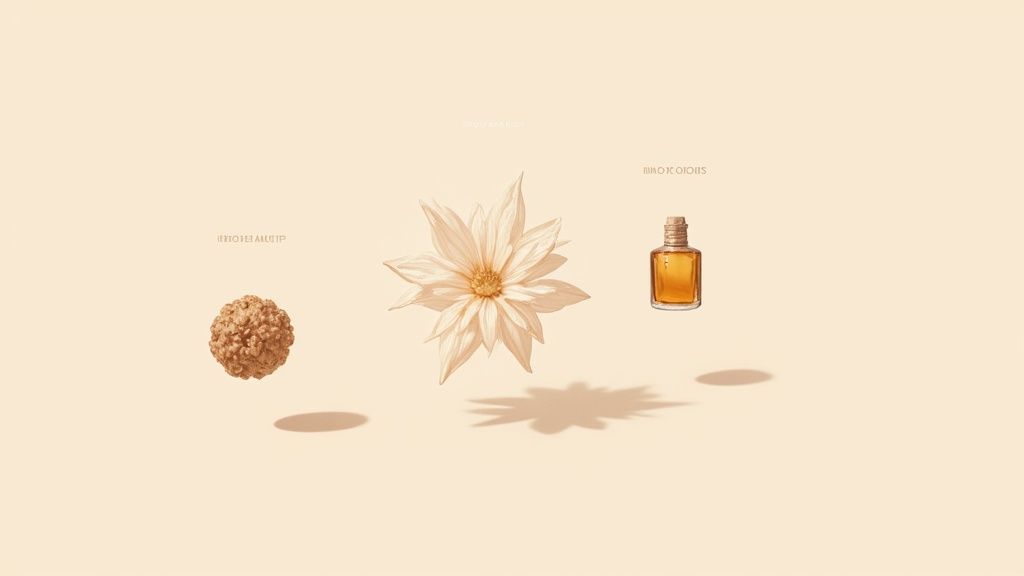 Three natural elements: a round seed, a white flower, and a small essential oil bottle, on a beige background.