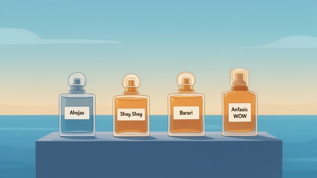 Four distinct perfume bottles: blue Ahojas, two amber bottles Shay Shay and Barari, and amber Anfasic WOW, on a platform by the ocean.