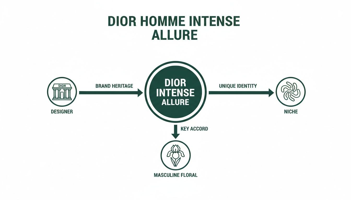 Diagram showing Dior Homme Intense Allure perfume's brand heritage, unique identity, niche, and masculine floral key accord.