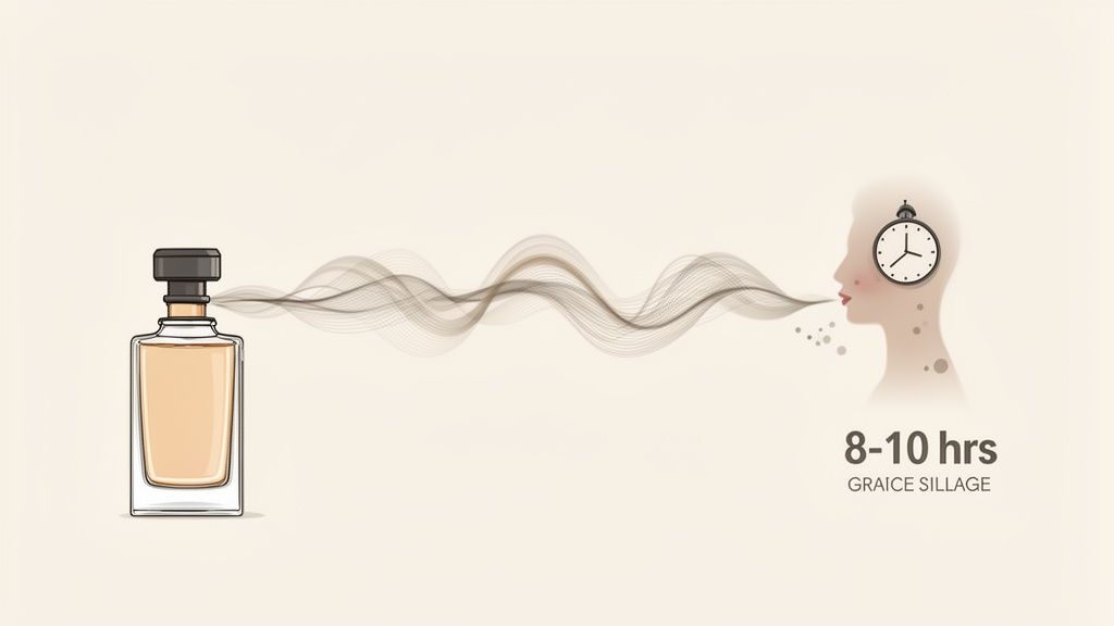 Illustration of a perfume bottle emitting scent waves towards a head with a clock, showing 8-10 hours sillage.