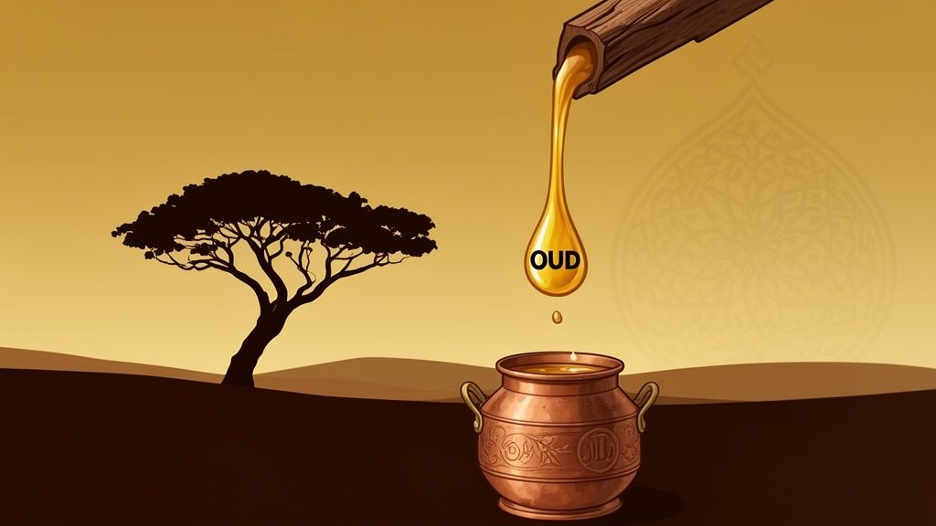 Golden Oud oil dripping from a wooden spout into an ornate copper pot, with a tree in the background.
