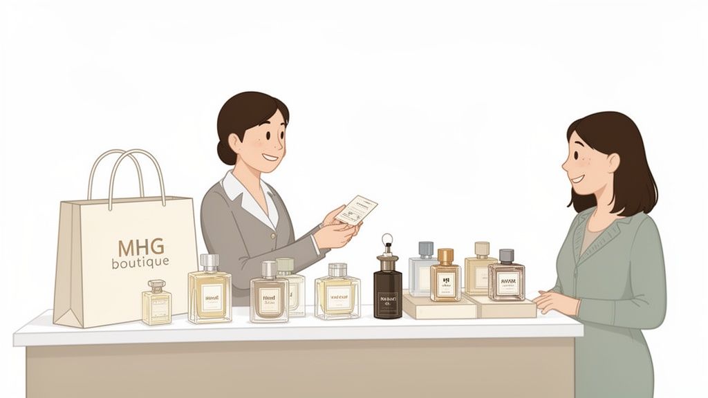 Two women at a perfume counter, one holding a paper, surrounded by various perfume bottles and a shopping bag.