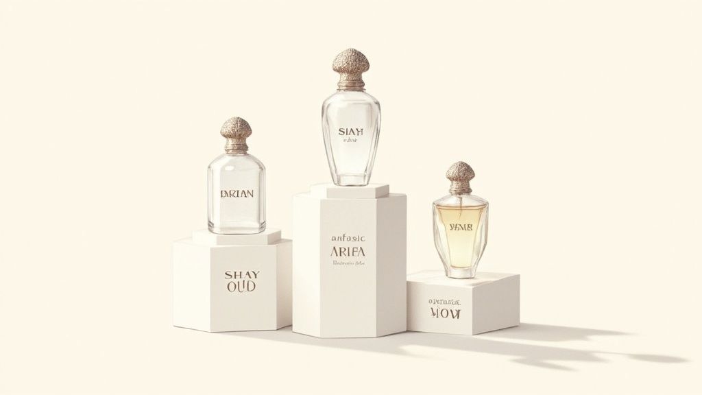 Luxury perfume bottle collection on elegant pedestals with ornate caps and neutral tones