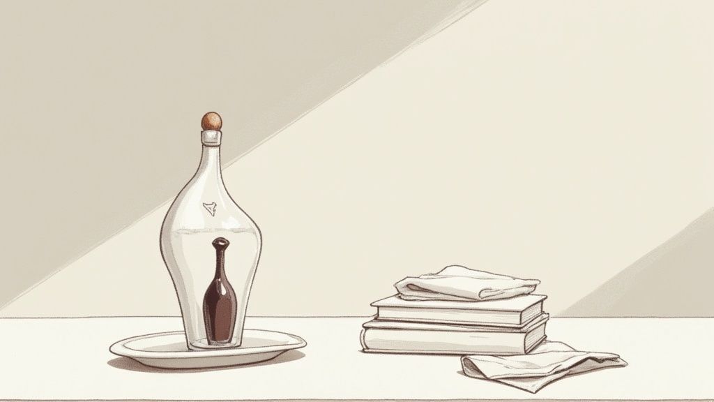 A drawing of a Dr. Vranjes style diffuser, books, and cloths on a light-colored table.