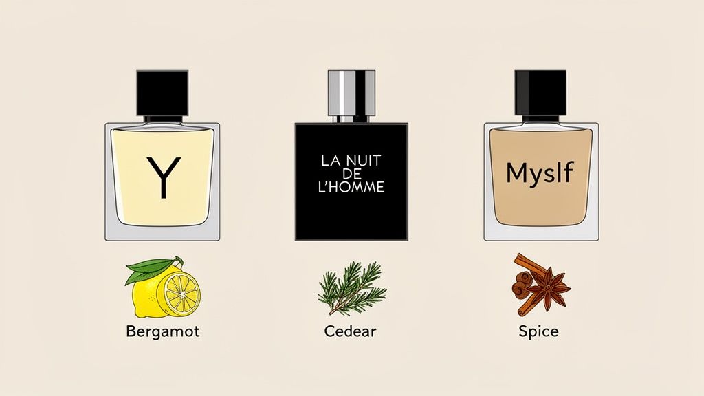Three perfume bottles with their fragrance notes: YSL Y (Bergamot), La Nuit de L'Homme (Cedar), and Myslf (Spice).
