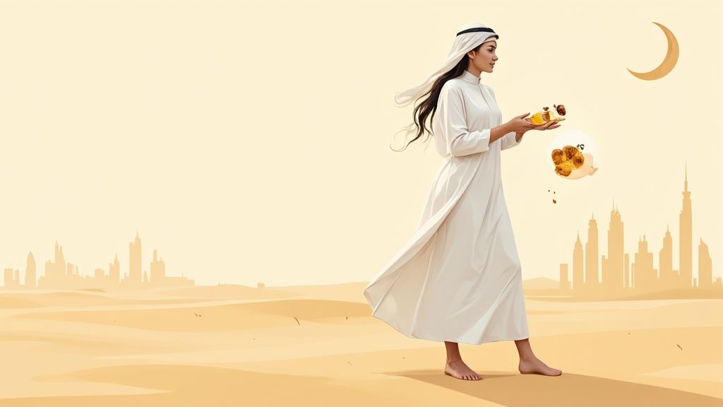 A beautifully arranged collection of Arabic perfume bottles, oud chips, and bakhoor on a decorative tray.