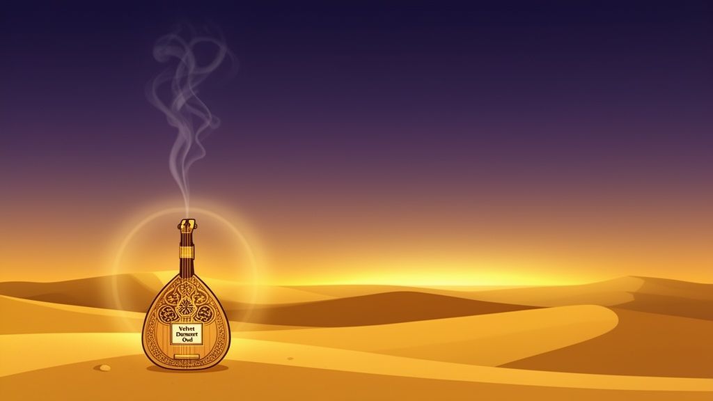 An ornate, lute-shaped bottle labeled 'Velvet Desert Oud' emits smoke in a desert landscape.