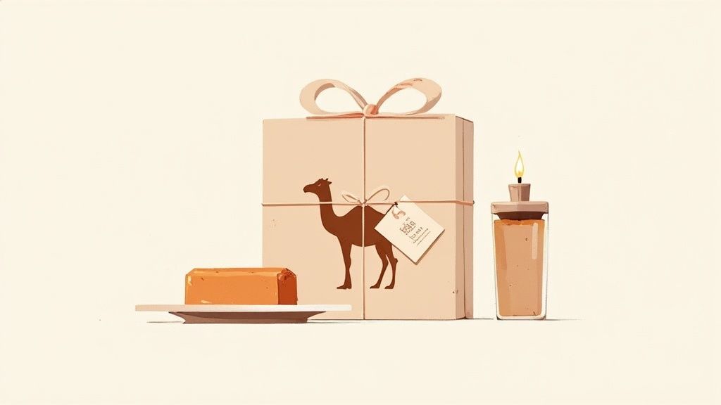 A minimalist illustration featuring a camel-themed gift box, a soap bar, and a lit candle.