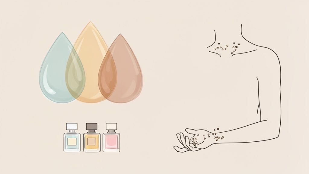 Illustration showing three perfume bottles, liquid drops, and a person's skin with an allergic reaction.