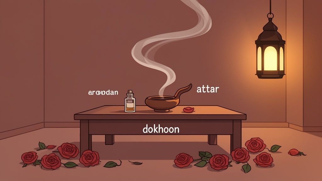 A serene setting with a smoking censer, attar bottle, scattered roses, and a hanging lantern.