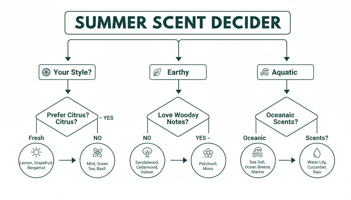 Flowchart titled 'Summer Scent Decider' guiding users to choose scents based on style, earthy, or aquatic preferences.