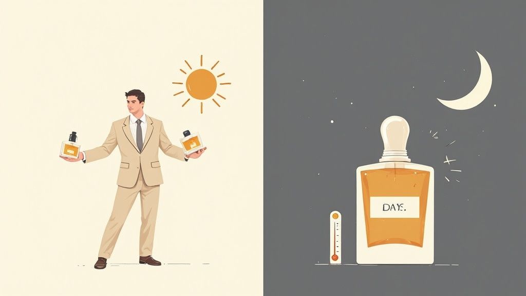 A man holds two perfume bottles under the sun, beside a bottle labeled 'DAY.' under a moon and stars.