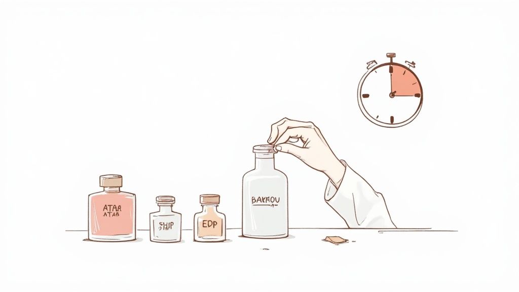 A hand opens a perfume bottle labeled 'BAKKOU' next to other fragrance bottles and a timer.