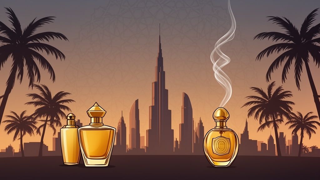 Elegant perfume bottles, including a smoking oud bottle, set against Dubai's skyline and palm trees.