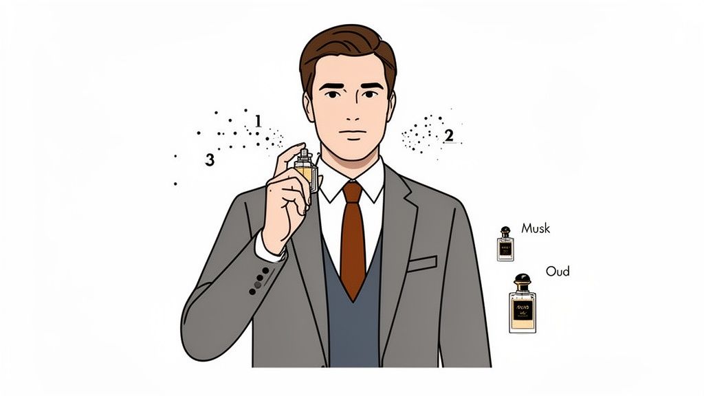 A man in a suit sprays fragrance from a bottle onto his neck, with two labeled perfume bottles, "Musk" and "Oud", beside him.