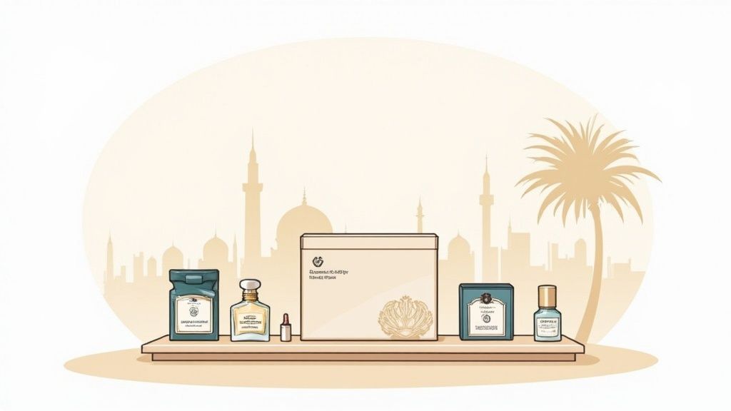 A luxurious fragrance gift set is displayed against a dark, elegant background.