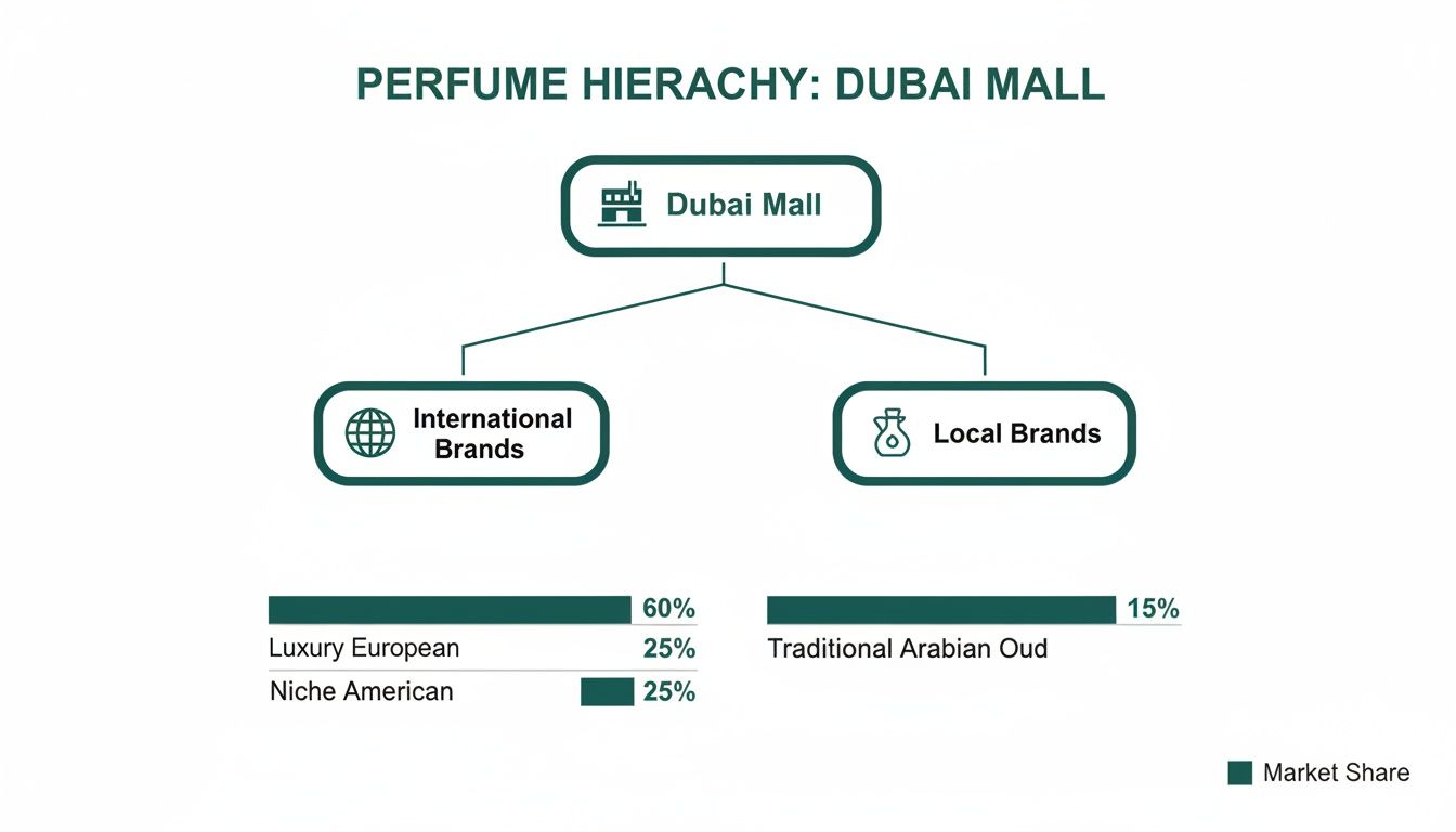 A hierarchy chart illustrating perfume brands in Dubai Mall, broken down by international and local market share.
