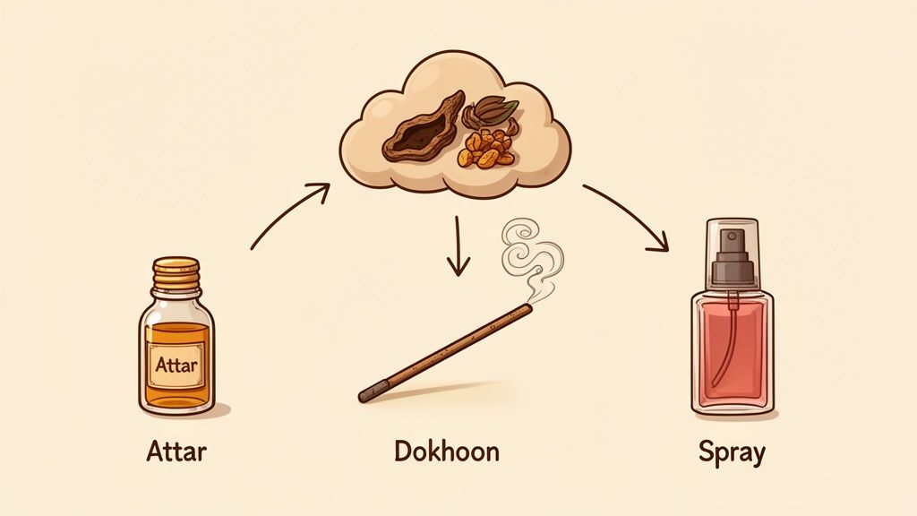 Illustration depicting raw perfume ingredients leading to attar, dokhoon incense, and perfume spray bottles.