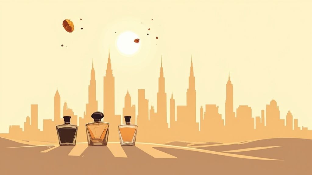 Three perfume bottles stand before a golden city skyline at sunset, with abstract shapes floating.