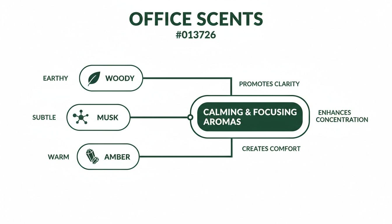 Diagram illustrating office scents like woody, musk, and amber, linking them to calming and focusing benefits.