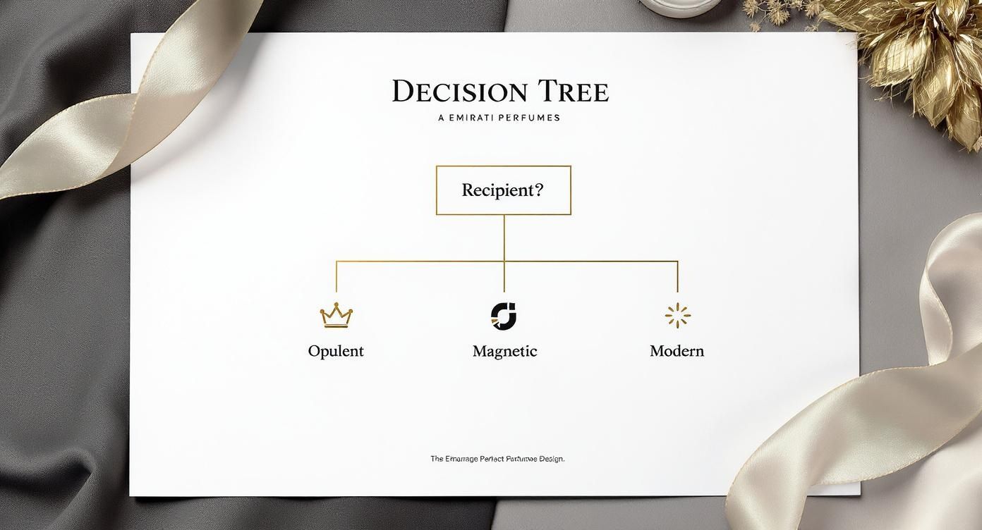 Infographic decision tree for selecting Emirati Perfumes based on recipient's personality, featuring opulent, magnetic, and modern branches.