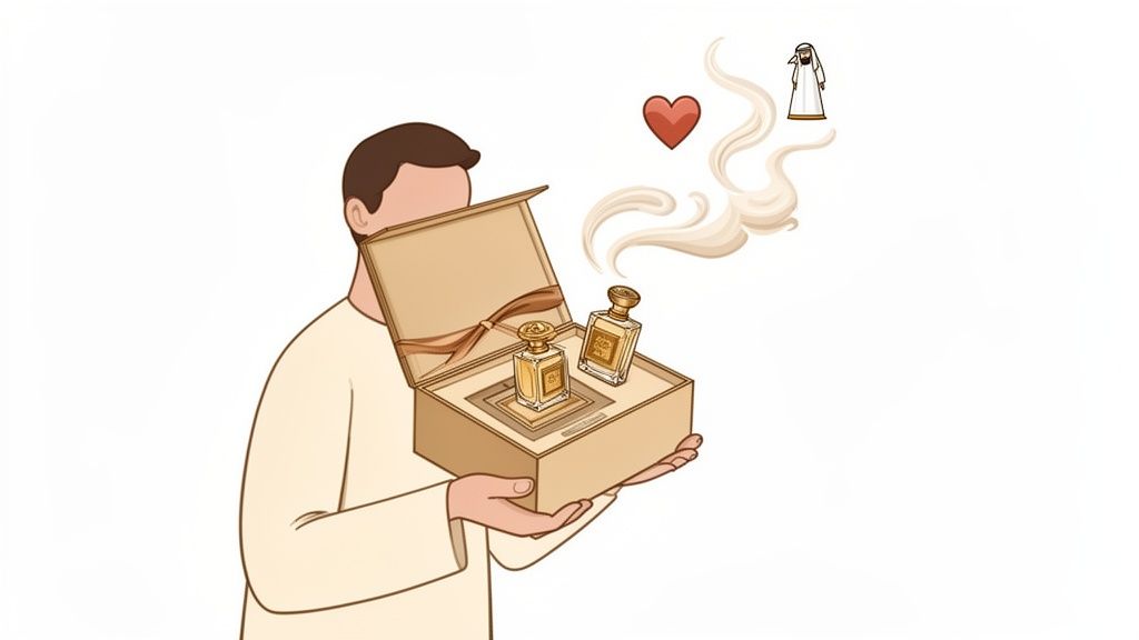A man holds an open gift box containing two perfume bottles, with scent rising towards a heart and a man in traditional attire.