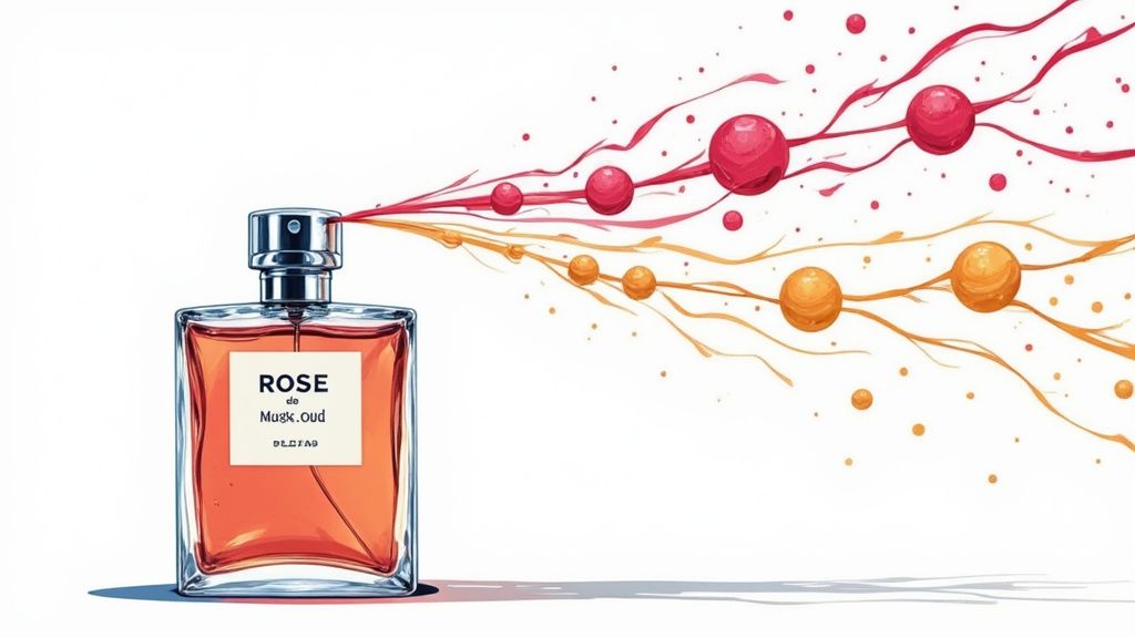 A person's wrist with a spray of perfume lingering in the air, suggesting long-lasting sillage